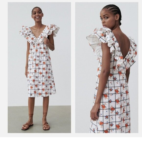 Zara white floral Blogger favourite plaid ruffle collar sleeveless midi dress M - Picture 1 of 16